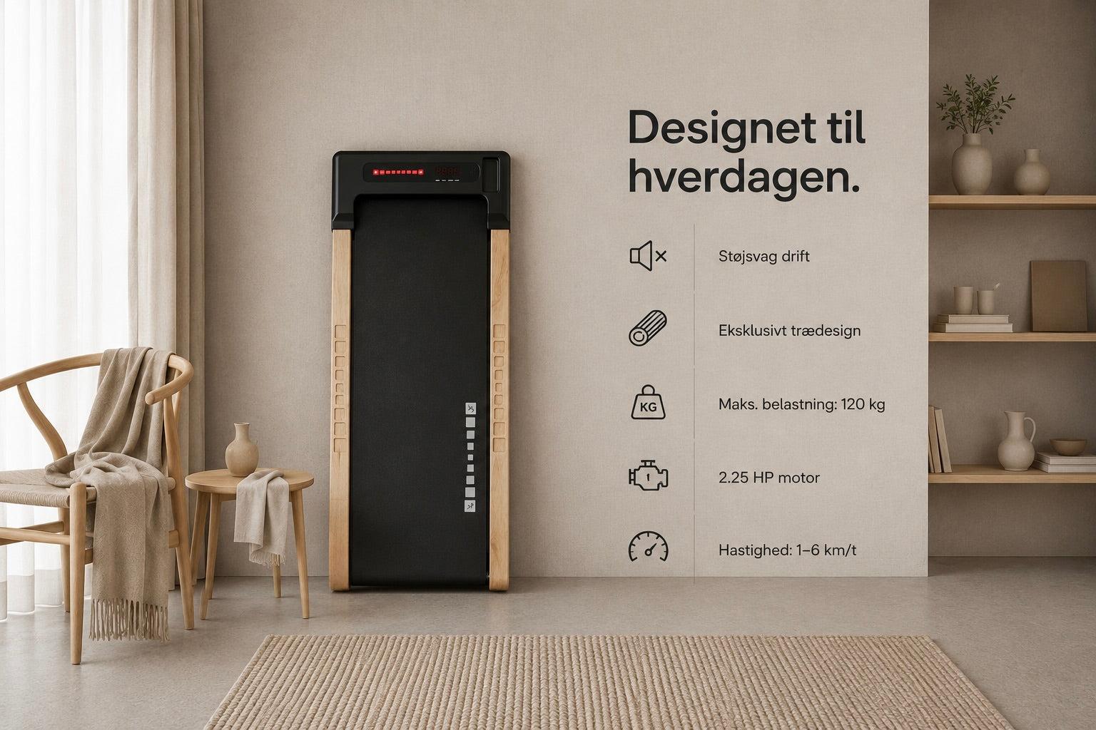 GoPad UrbanWalk gåbånd med træfinish i en stue