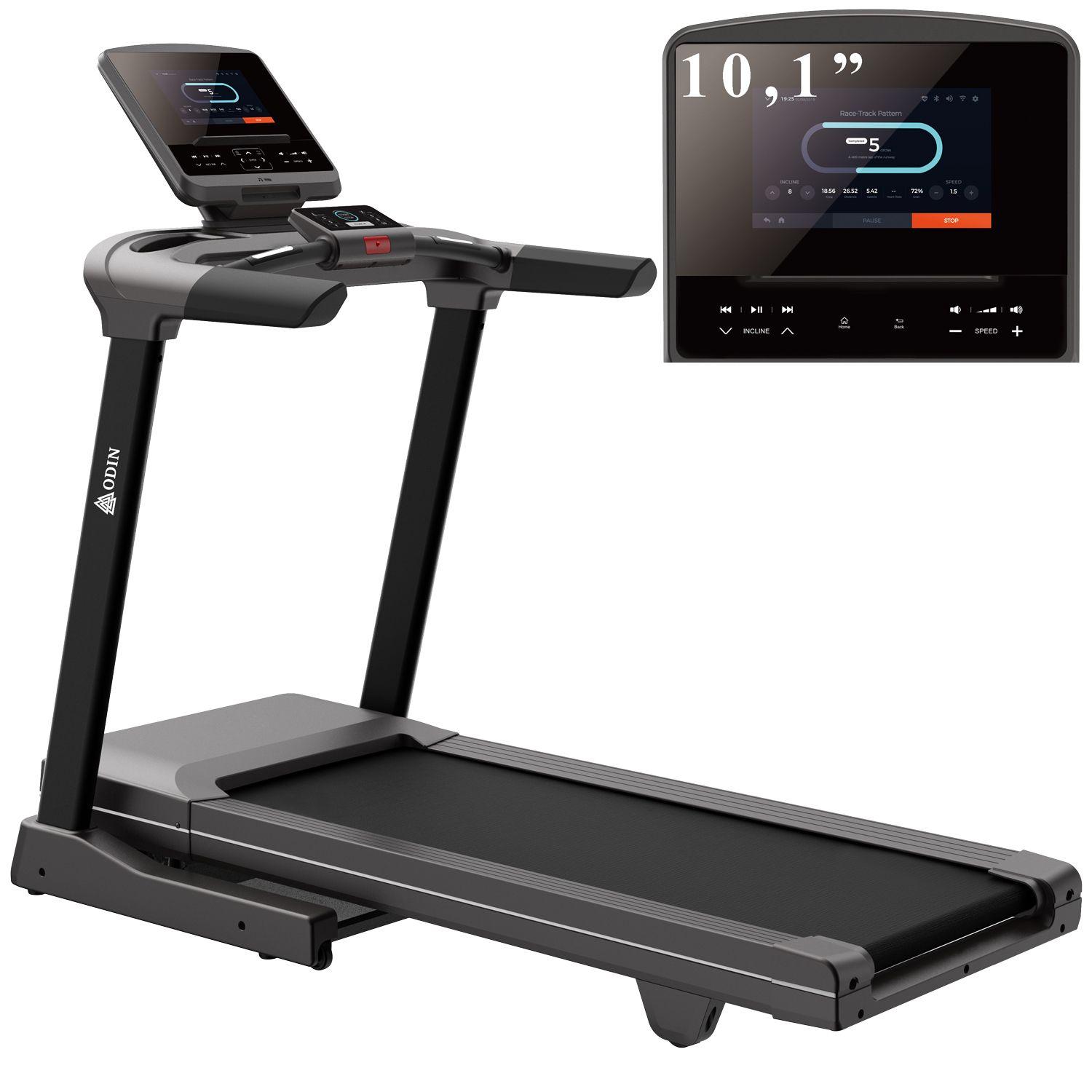 Odin T850 PowerLand løbebånd set skråt forfra med sort ramme og display